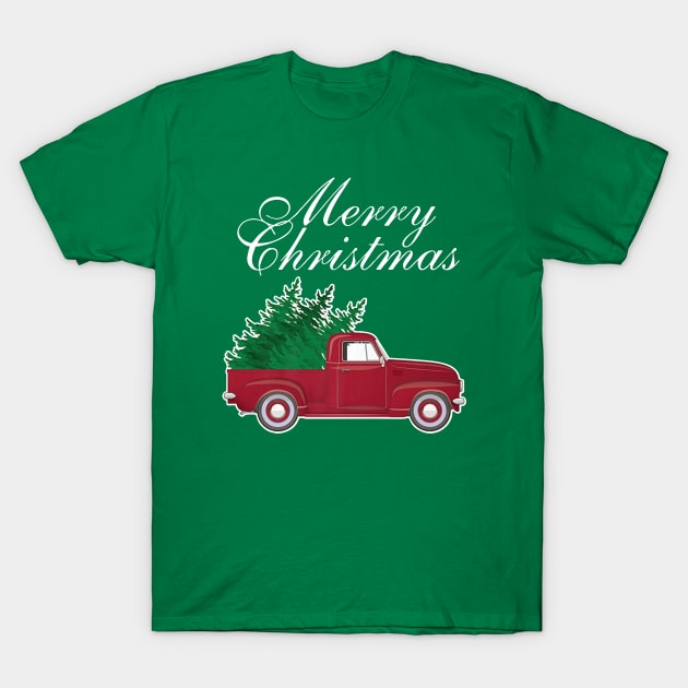 Vintage Red Truck Christmas Tree T-Shirt by Kocekoceko